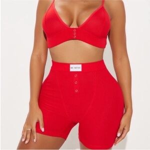 Fashion Nova Red Ribbed Bralette and Shorts Set
